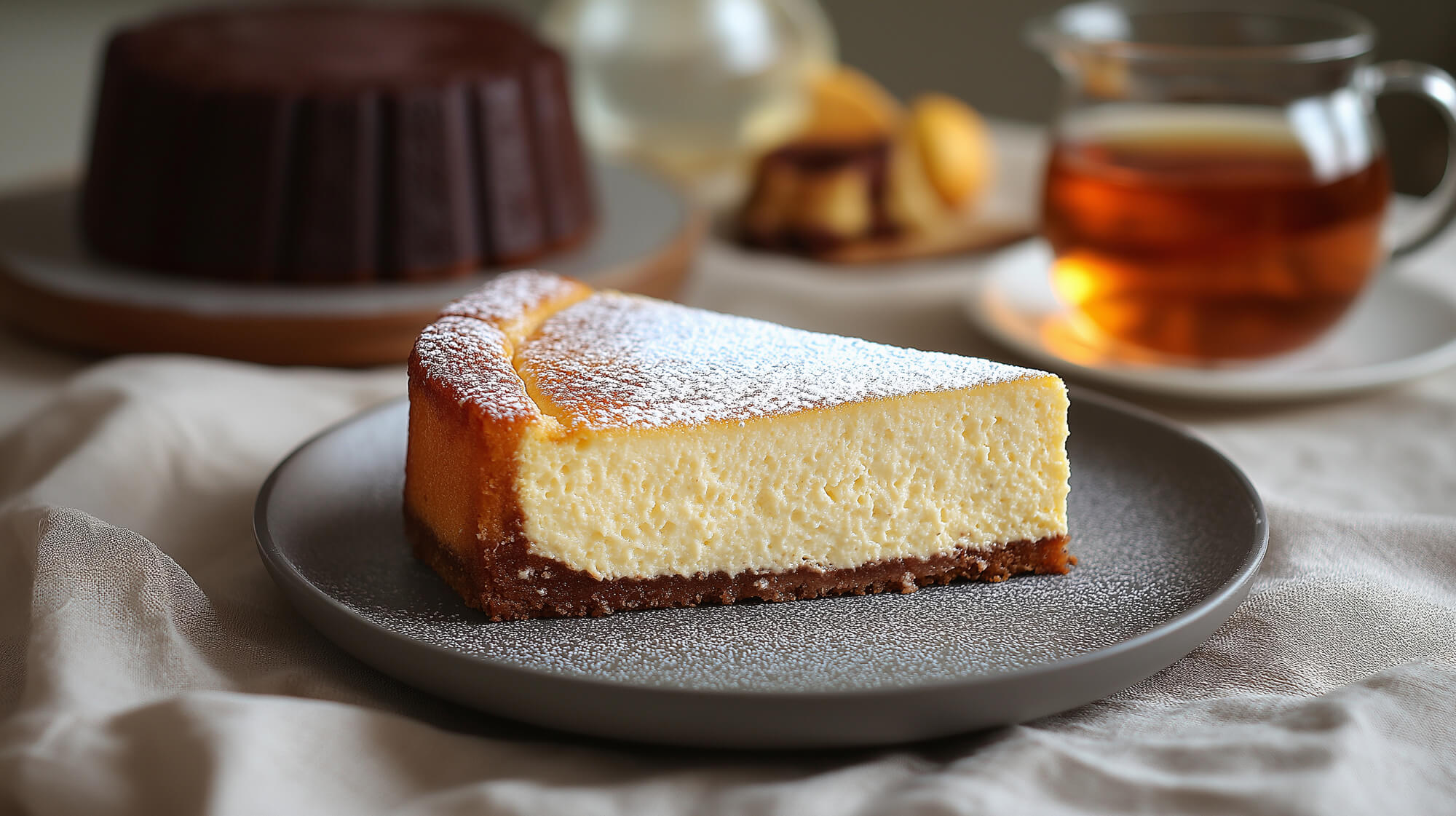 紅茶とチーズケーキが並ぶ喫茶店のテーブル